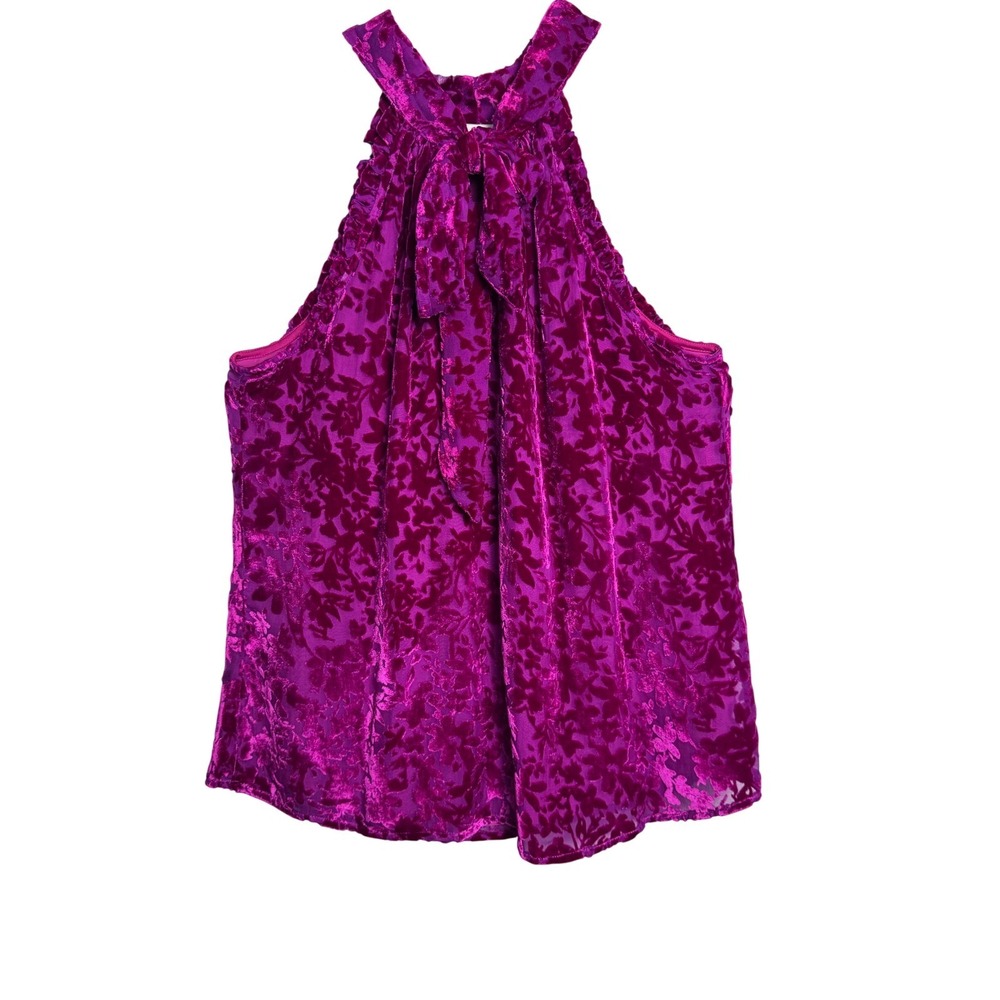 HALE BOB Velvet Burnout Floral Halter Top Small Fuchsia Pink Tie Neck Blouse